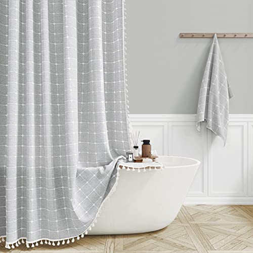 60x72 Boho Farmhouse Linen Heavy Duty Shower Curtain Set, Gray/Grey | Narrow Size, 330GSM Linen Blend, 3-side Tassels, Water Repellent Fabric, 10 Plastic Hooks, Bohemian Style, Machine Washable - color: Grey, size: 60"W x 72"L (Pack of 1)