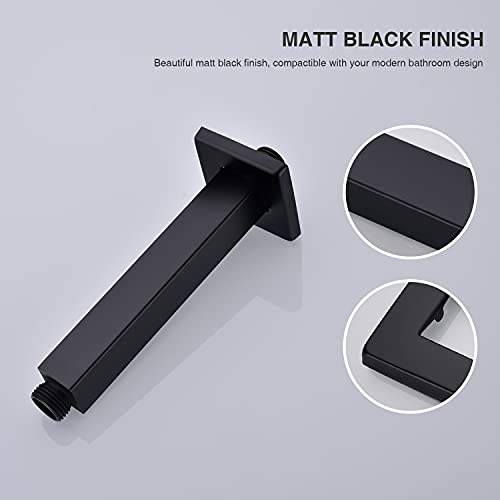 6 Inch Square Matte Black Ceiling Mount Shower Arm and Flange | Stainless Steel, 1/2-Inch NPT, Rain Straight Shower Head Extension Pipe