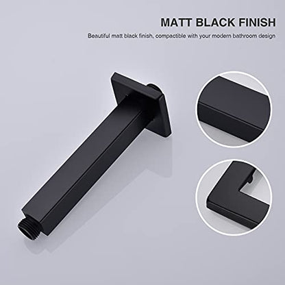 6 Inch Square Matte Black Ceiling Mount Shower Arm and Flange | Stainless Steel, 1/2-Inch NPT, Rain Straight Shower Head Extension Pipe