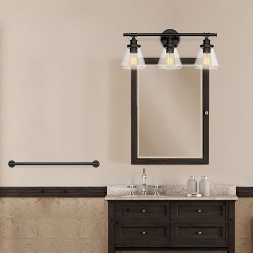 Globe Electric 50192 Parker 5-Piece All-In-One Bathroom Set, Oil Rubbed Bronze, 3-Light Vanity Light with Clear Glass Shades, Towel Bar, Towel Ring, Robe Hook, Toilet Paper Holder, Oil-rubbed Bronze - color: Bronze, Parker