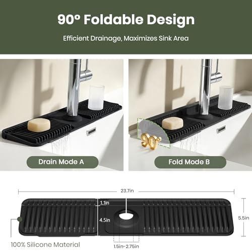 24 Inch Faucet Mat for Kitchen Sink, Silicone Splash Guard for Kitchen Sink Area, 7° Slope Fast Self-Draining Sink Mat, Cuttable Hole Design, Sink Backsplash Guard Draining Mat, Black - color: Black