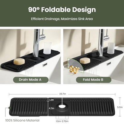 24 Inch Faucet Mat for Kitchen Sink, Silicone Splash Guard for Kitchen Sink Area, 7° Slope Fast Self-Draining Sink Mat, Cuttable Hole Design, Sink Backsplash Guard Draining Mat, Black - color: Black