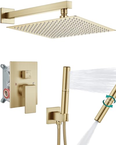 Aolemi Shower System with Rain Head and Handheld,16-Inch,Brushed Gold | High-Pressure Shower Faucet Set with Dual-Function Handheld,Rough-In Valve,1.8 GPM,Wall-Mount Trim Kit - color: Brushed Gold, size: 16 Inch