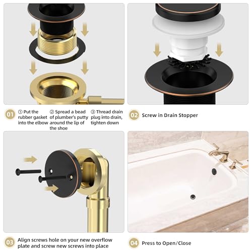 Tip-Toe Bathtub Drain Kit with Hair Catcher, Oil Rubbed Bronze | 2-Hole Overflow Faceplate, Solid Brass, 5-Layer Plated, Fits 1.5"/1.75" Drains, For Bathroom Remodel, Matches Fixtures - color: Oil Rubbed Bronze