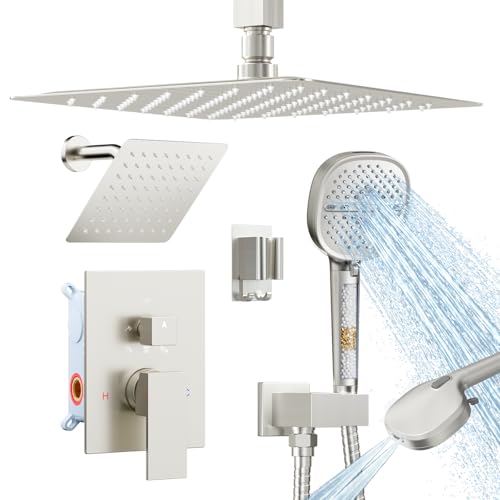 Shower Faucet Set Brushed Nickel Shower System, Dual Head Shower Set STARBATH 12'' Ceiling Mount and 6''Wall Mount Rainfall Shower Systems with Multifunctional Filtered Handheld Sprayer - color: Brushed Nickel, size: 6+12 inch-02