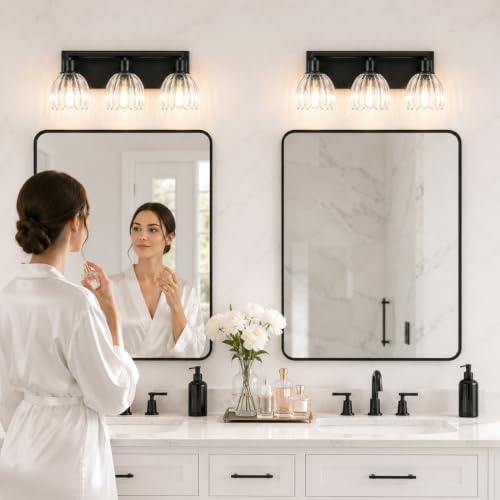 Black Bathroom Vanity Light Over Mirror, 3 Light Vanity Light Fixture with Clear Fluted Glass Shades, 18.3 Inch Wall Mount Bathroom Lighting Fixture, E26 Base