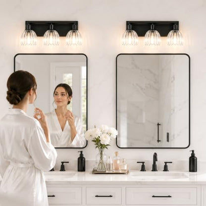 Black Bathroom Vanity Light Over Mirror, 3 Light Vanity Light Fixture with Clear Fluted Glass Shades, 18.3 Inch Wall Mount Bathroom Lighting Fixture, E26 Base