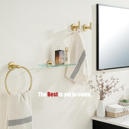 JQK Bathroom Glass Shelf Gold, Tempered Glass Shower Storage 8 by 5 inches, 304 Stainless Steel Brushed Gold Wall Mount, TGS101L8-BG - color: Gold, size: 8 Inch (1 Pack)