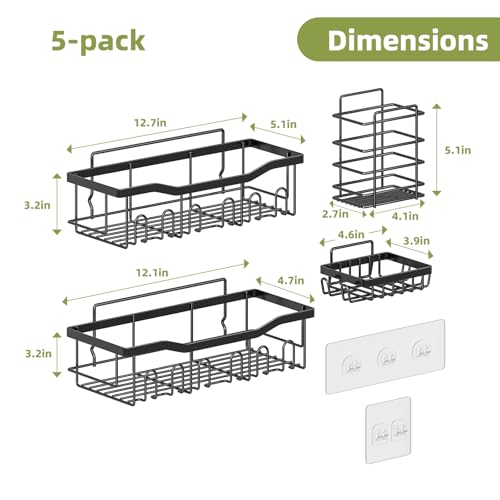 Simple Trending Shower Caddy, 5 Pack Rustproof Stainless Steel Shower Shelves, No Drilling Bathroom Organizer Adhesive with Large Capacity, Black Metal Storage Basket