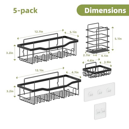 Simple Trending Shower Caddy, 5 Pack Rustproof Stainless Steel Shower Shelves, No Drilling Bathroom Organizer Adhesive with Large Capacity, Black Metal Storage Basket