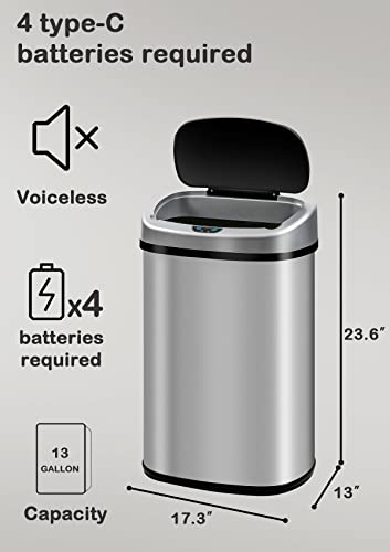 13 Gallon/50 L Kitchen Trash Can With Stainless Steel Touch-Free Lid, Automatic Motion Sensor Garbage Can for Bathroom, Brushed Finish - color: Stainless Steel