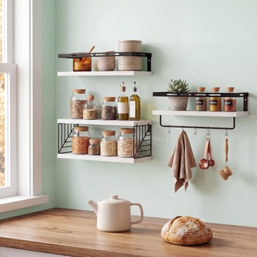 Fixwal Wall Mounted Bathroom Shelves Over Toilet (3+1 White) | Wall Shelf with Basket Storage , Towel Bar, Solid Wood, 22Lb Capacity, Easy DIY Install - color: 4-white