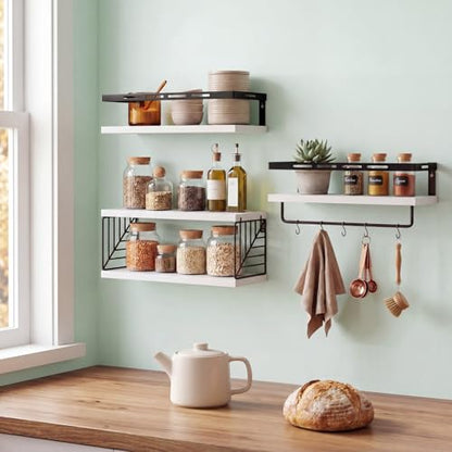 Fixwal Wall Mounted Bathroom Shelves Over Toilet (3+1 White) | Wall Shelf with Basket Storage , Towel Bar, Solid Wood, 22Lb Capacity, Easy DIY Install - color: 4-white