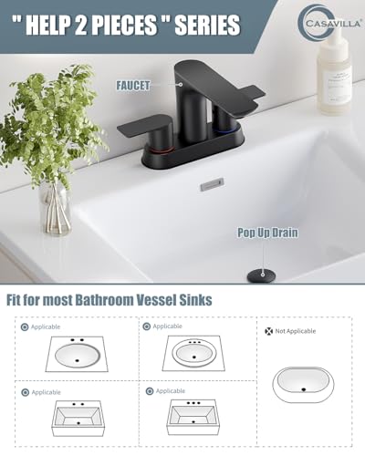 Bathroom Sink Faucet, Black Faucet for Sink 4 Inch 2 Handle Centerset, Bathroom Faucets with Pop Up Drain and 2 Supply Hoses, Stainless Steel Lead-Free RV Vanity Sink Faucet - color: 1.Matte Black, style: 1 PC