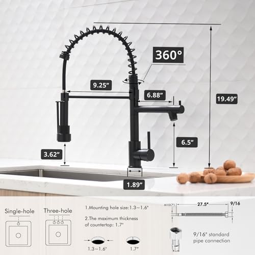 AIMADI Black Kitchen Faucet with 2 Function Sprayer,Commercial Stainless Steel Single Handle Single Hole Spring Matte Black Kitchen Faucet - color: Matte Black, style: Contemporary