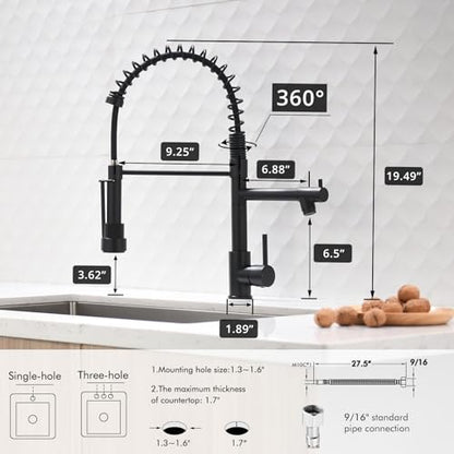 AIMADI Black Kitchen Faucet with 2 Function Sprayer,Commercial Stainless Steel Single Handle Single Hole Spring Matte Black Kitchen Faucet - color: Matte Black, style: Contemporary