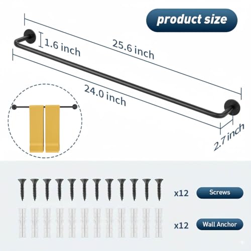 2 Packs Towel Bar 24-Inch Black Stainless Steel, Wall Mounted Bathroom Towel Rack with Mounting Screws, Rustproof - size: 24 inch