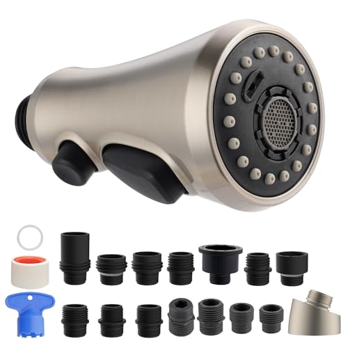 Hibbent Pull Down Kitchen Faucet Head Replacement, NSF/ANSI/CAN 61 & CUPC Certified 3-Function Sink Spray Nozzle with 15 Adapters Compatible with Moen, Delta, Kohler Faucets, Brushed Nickel - color: Brushed Nickel, style: 1.8 Gallon Per Minute