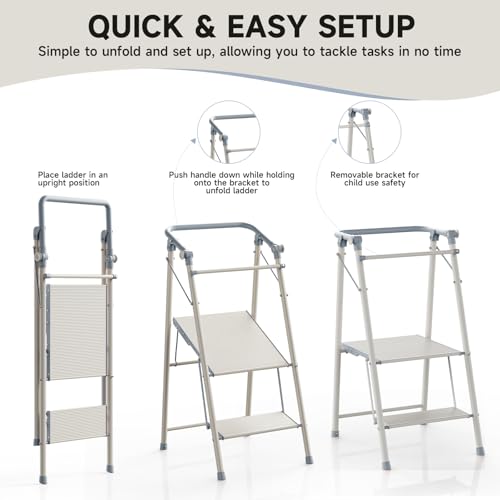 Foldable Toddler Tower, 2-in-1 Alloy Steel Kids Kitchen Step Stool & Adult 2-Step Ladder, Folding Kitchen Tower with Removable Safety Rail, Anti-Slip Steps for Kitchen & Bathroom - color: Cool Gray & Ivory