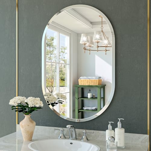 Frameless Oval Mirror, 20"x30" Beveled Oval Bathroom Mirrors | 5mm HD Glass, Anti-Rust, 15mm Frameless Beveled Mirror, French Cleat, Horizontally or Vertically, for bathroom/bedroom - size: 20"L x 30"W