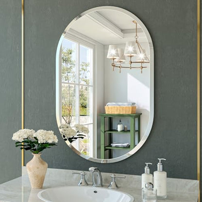 Frameless Oval Mirror, 20"x30" Beveled Oval Bathroom Mirrors | 5mm HD Glass, Anti-Rust, 15mm Frameless Beveled Mirror, French Cleat, Horizontally or Vertically, for bathroom/bedroom - size: 20"L x 30"W