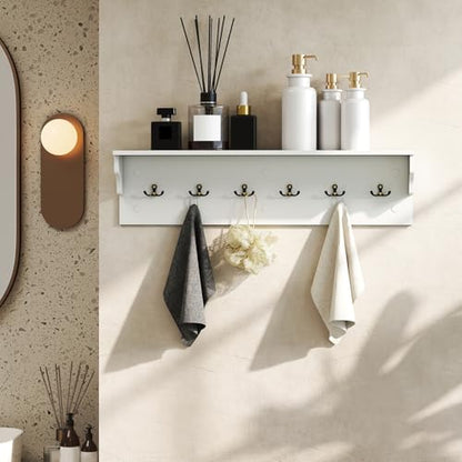 GIANTEX Coat Rack Wall Mount, 31.5" Wooden Coat Hooks with Shelf, White | Wall Clothes Rack w/ 6 Dual Hooks for Hats Towels Purses Robes, Floating Display Shelf for Living Room Bedroom Entryway - color: White