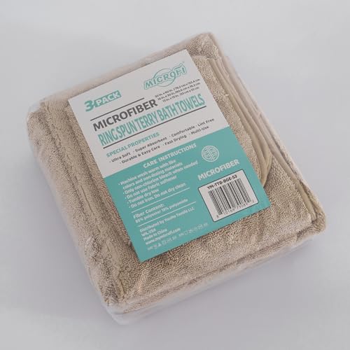 MICROFI Ring Spun Terry Microfiber Bath Towel Set, 3 Piece, Oversize, Quick Dry, Lint Free, Includes Bath, face, and Hand Towels (Beige) - color: Beige