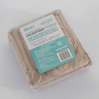 MICROFI Ring Spun Terry Microfiber Bath Towel Set, 3 Piece, Oversize, Quick Dry, Lint Free, Includes Bath, face, and Hand Towels (Beige) - color: Beige