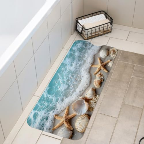 LNOND Summer Beach Bathtub Mat Non Slip, 40 X 16 Inch Tub Mat for Bathroom, Blue Sand Starfish Bath Tub Shower Mat with Drain Holes and Suction Cups - color: Blue Sand Starfish Bathtub Mat