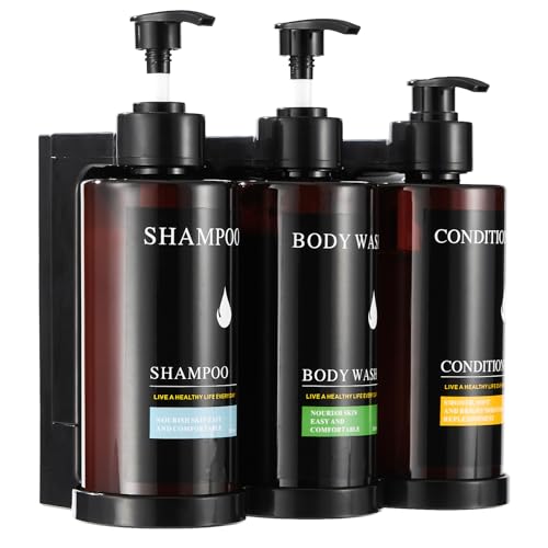 Pollock Pollock Shampoo and Conditioner Dispenser Wall Mounted | Shower Soap Dispenser 2 Chamber No Drill, Shampoo Dispenser for Shower, Body Wash Dispenser for Bathroom, Large Capacity - color: Brown 3 Chamber