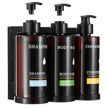 Pollock Pollock Shampoo and Conditioner Dispenser Wall Mounted | Shower Soap Dispenser 2 Chamber No Drill, Shampoo Dispenser for Shower, Body Wash Dispenser for Bathroom, Large Capacity - color: Brown 3 Chamber