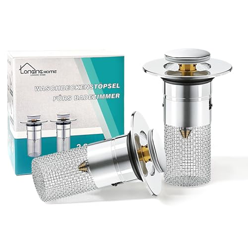 Bathroom Sink Drain Strainer Pop-Up Sink Stopper, Silver, 2Pcs | Hair Catcher Anti-Clog with Removable Stainless Steel Filter Basket, Universal for US Standard Drain Stopper Replacement