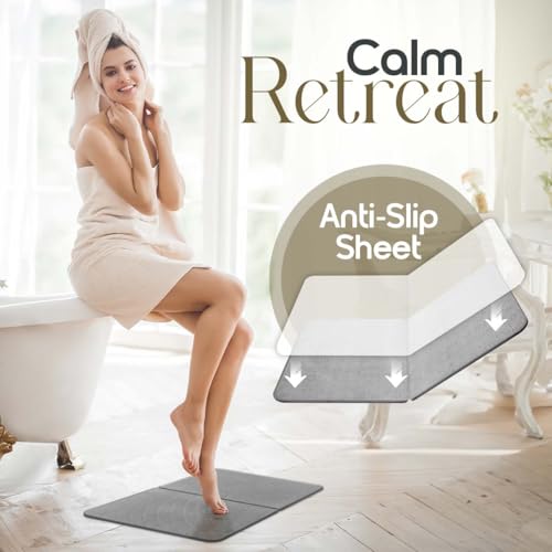 Foldable Stone Bath Mat, Fast Drying and Non-Slip Natural Diatomaceous Earth Mat, Multifunctional Eco-Friendly Stone Mat for Bathroom, Large, Grey