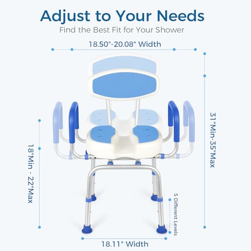 FAHKNS Swivel Senior Bathing Chair with Arms & Back, 400 LBS Heavy Duty U-Shape Seat, Height Adjustable Safety Bath Seat for Tub, Elderly & Disabled - color: Blue