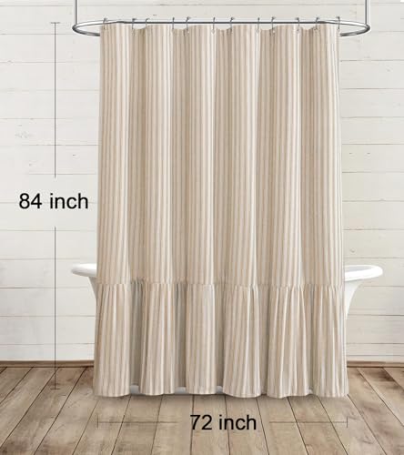 Farmhouse Shower Curtain Ruffle Linen Cream-Beige Stripe 72"W x 84"L | Farmhouse Boho, Striped, Bottom Ruffle, Linen Fabric, Rustic, Country, Natural Look, Washable, for Bathroom Bathtub - color: Cream-beige Stripe, size: 72"W x 84"L