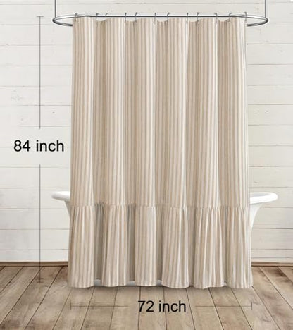 Farmhouse Shower Curtain Ruffle Linen Cream-Beige Stripe 72"W x 84"L | Farmhouse Boho, Striped, Bottom Ruffle, Linen Fabric, Rustic, Country, Natural Look, Washable, for Bathroom Bathtub - color: Cream-beige Stripe, size: 72"W x 84"L