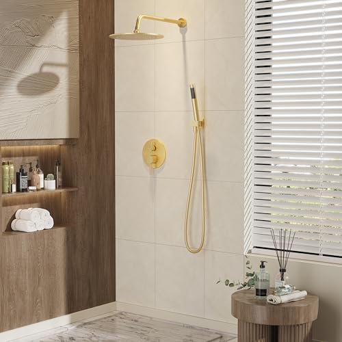 Gabrylly Shower System, 10" Wall Mounted Shower Faucet Set, Brushed Gold | Rain Shower Head with Handheld Spray Combo, All Metal Rainfall Shower Head Complete Set Shower Mixer Valve for Bathroom - color: Gold
