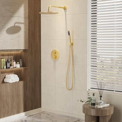 Gabrylly Shower System, 10" Wall Mounted Shower Faucet Set, Brushed Gold | Rain Shower Head with Handheld Spray Combo, All Metal Rainfall Shower Head Complete Set Shower Mixer Valve for Bathroom - color: Gold