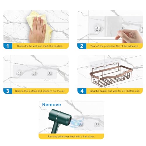 Youvip Adhesive Shower Caddy, No Drilling Bath Organizers 5 Pack, Rustproof Shelves with Soap Holder & Toothbrush Holder, Bathroom Organizers and Storage, Bronze - color: Bronze-5pc