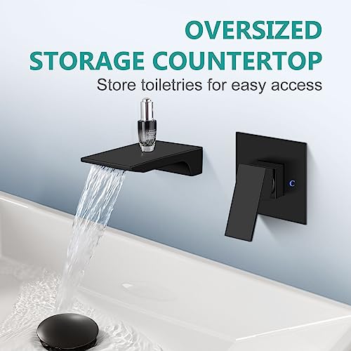 Wall Mount Bathroom Faucet, Waterfall Tub Filler, Matte Black | SUS304 Waterfall Spout, Rough-In Valve, Single-Handle Control, 1/2-Inch NPT, Flexible Handle Placement - color: Matte Black