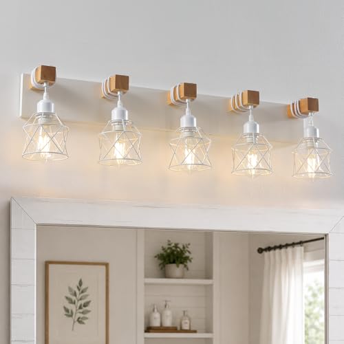 Farmhouse Vanity Light Fixture,5-Light Bathroom Lighting,White Modern Wood Wall Light Over Mirror with Metal Shade,LED Bulbs Not Included - color: White, size: 5-Light-Wide 35"