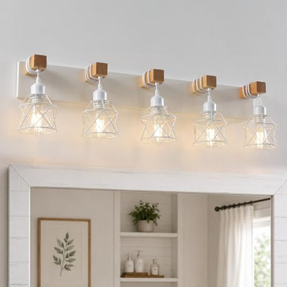 Farmhouse Vanity Light Fixture,5-Light Bathroom Lighting,White Modern Wood Wall Light Over Mirror with Metal Shade,LED Bulbs Not Included - color: White, size: 5-Light-Wide 35"