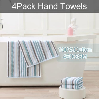 VOOVA & MOVAS Aqua Striped Hand Towels 4 Pack, 100% Cotton, 16x27 in | Excellent Daily Use & Holiday Gift Choice, Quick Dry, Highly Absorbent, Soft, Lightweight, Luxury Towel Gift Set - color: Gray + Aqua Striped, size: 4 PC Hand Towels (16"x27")
