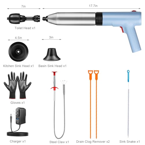 Electric Toilet Plunger, Blue One-Touch High Pressure Air Drain Blaster with Real-Time Barometer & Multi-Accessory Kit, Heavy Duty Automatic Drain Unclogger for Toilets, Sinks, Tubs, Pipes - size: Electric Toilet plunger-Blue