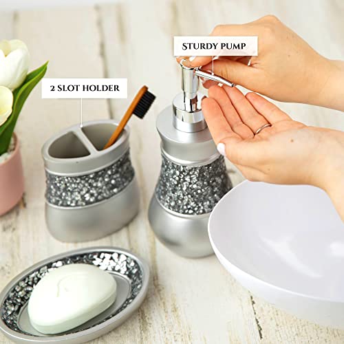 Creative Scents Crackled Glass 6 Pc. Silver Resin Bathroom Accessories Set | Includes Toilet Brush and Holder, Tissue Box Cover, Soap Dispenser, Toothbrush Holder, Tumbler Cup & Soap Dish - style: 6 Pc Set 02