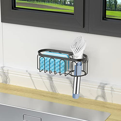 2-in-1 Sponge Holder for Kitchen Sink, Sink Caddy Kitchen Sink Organizer with 3 Suction Cups, No Drill Rustproof Sink Sponge Holder for Dish Brush, Soap & Sponge (Black) - color: A Style-Black