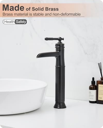 Brass Vessel Sink Faucet Oil Rubbed Bronze, Waterfall Tall Bathroom Faucet 1 Hole with Single Handle, Pop-Up Drain & Water Hose for Farmhouse Vanity Restroom Vessel Bowl Sink, 5 Mins Install - color: Oil Rubbed Bronze - Farmhouse