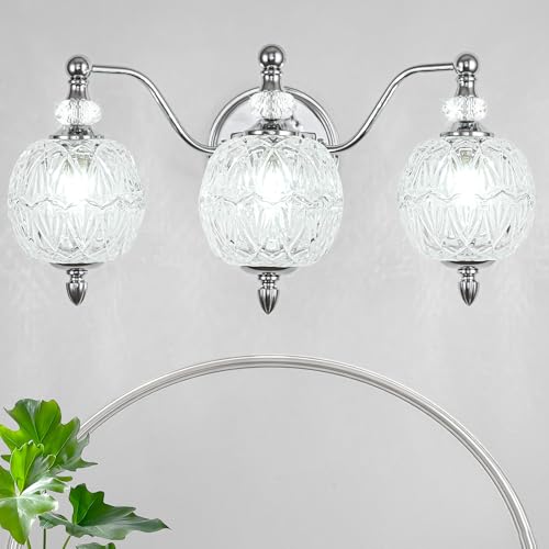 Brushed Chrome Bathroom Vanity Light, 3-Light Mid Century Modern Brushed Chrome Finish Wall Sconce with Globe Glass Shades, Modern Mirror Light for Bathroom, Powder Room - color: Chrome, size: 3 Light