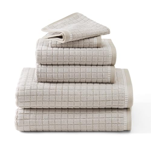 TOWN & COUNTRY EVERYDAY 6-Piece Textured Windowpane Set, 2-Bath Towels, 2-Hand Towels, 2-Washcloths, 100% Cotton, Plush & Absorbent 550GSM, Beige - color: Beige