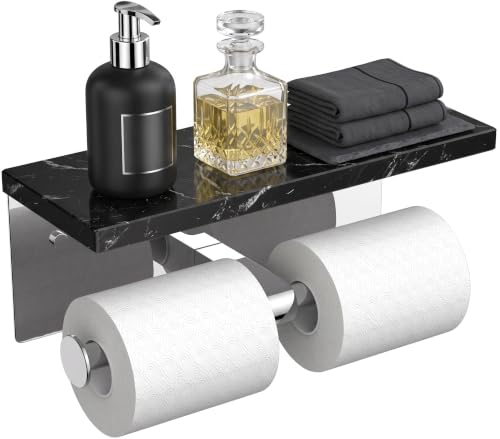 FORIOUS Toilet Paper Holder with Shelf, Commercial Toilet Paper Dispensers | Chrome | Wall Mount Bathroom Tissue Holder | SUS304 Stainless Steel Rustproof | Double Tissue Roll Holder - color: Chrome-marble